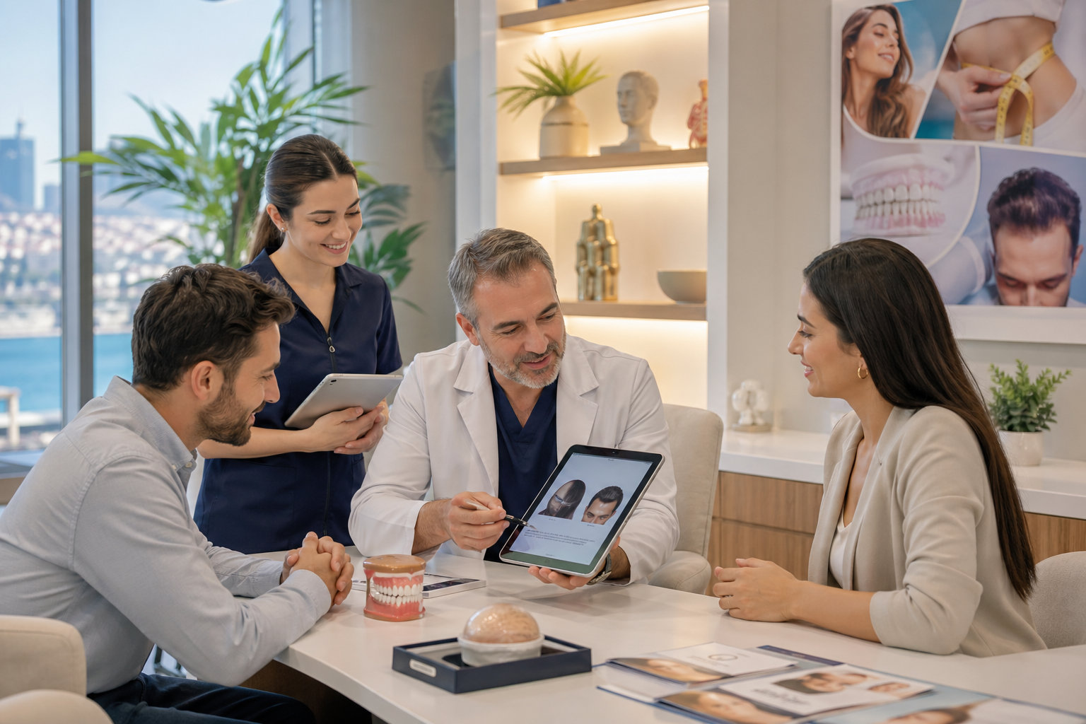 Doctor and Estemeran coordinator discussing a treatment plan with patients